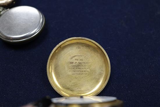 A 14k yellow metal fob pocket watch and three other pocket watches.